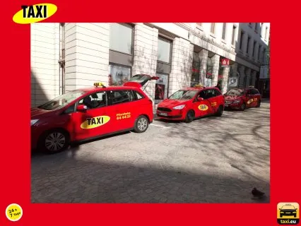 Mehrere rote Taxis mit der Rufnummer 444422 in einer Reihe am Leopoldplatz